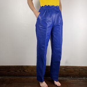 Vintage 80s 90s Yessica C&A Cobalt Blue High Waisted Pleated Leather Pants
